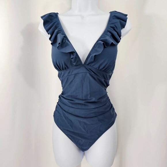 Cupshe Women's Blue Ruffled V Neck Lace Up Back One Piece Swimsuit Size M NWT - Picture 2 of 13